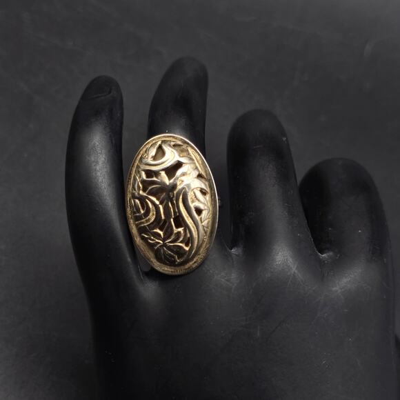 Beau Sterling Floral Oval Ring Gold Wash Size 5 Vintage - Picture 1 of 8